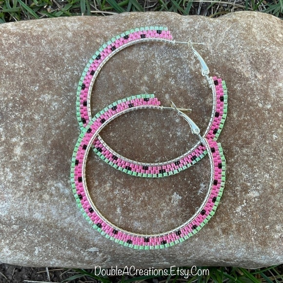 Pink Watermelon 2” Beaded Hoops, New, Handmade by Me - Picture 8 of 10